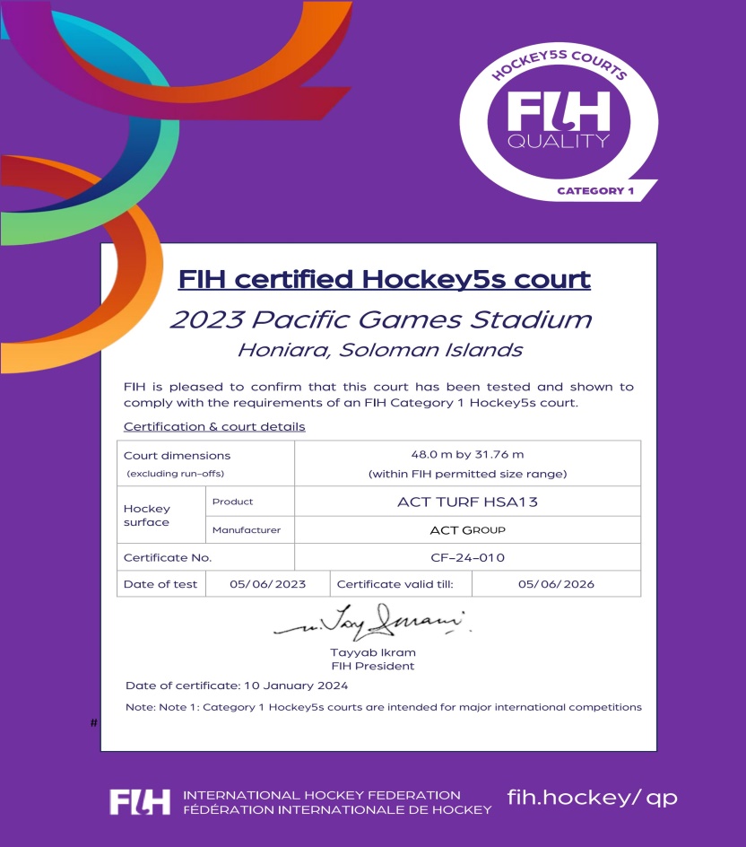 所罗门曲棍球场荣获国际曲联（FIH）一类场地认证！